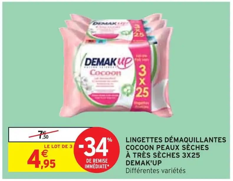 DEMAK'UP LINGETTES DÉMAQUILLANTES COCOON PEAUX SÈCHES À TRÈS SÈCHES 3X25