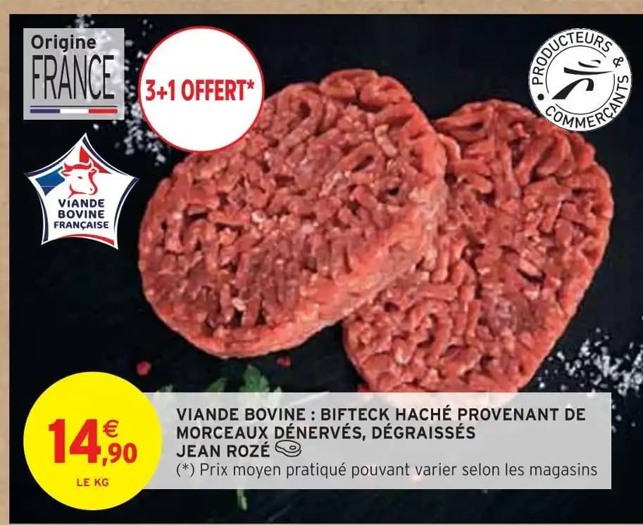 JEAN ROZÉ VIANDE BOVINE : BIFTECK HACHÉ PROVENANT DE MORCEAUX DÉNERVÉS, DÉGRAISSÉS