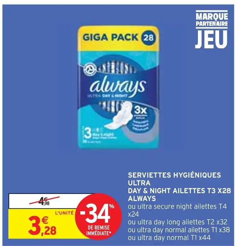ALWAYS SERVIETTES HYGIÉNIQUES ULTRA DAY & NIGHT AILETTES T3 X28