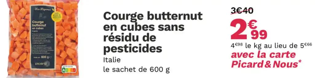 Courge butternut en cubes sans résidu de pesticides