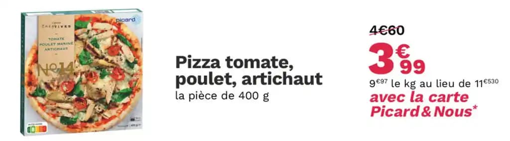 Pizza tomate, poulet, artichaut