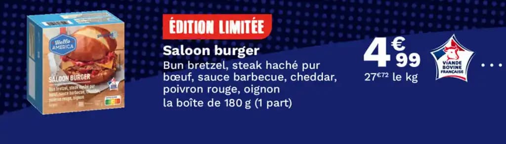 Saloon burger Bun bretzel, steak haché pur bœuf, sauce barbecue, cheddar, poivron rouge, oignon la boîte de 180 g (1 part)