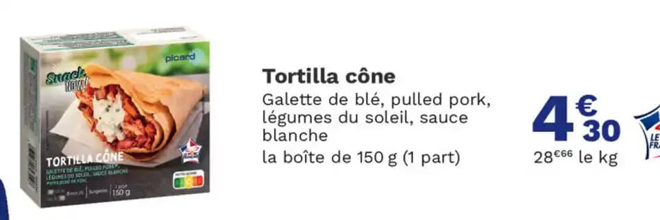 Tortilla cône Galette de blé, pulled pork, légumes du soleil, sauce blanche