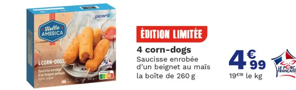 4 corn-dogs Saucisse enrobée d'un beignet au maïs la boîte de 260 g