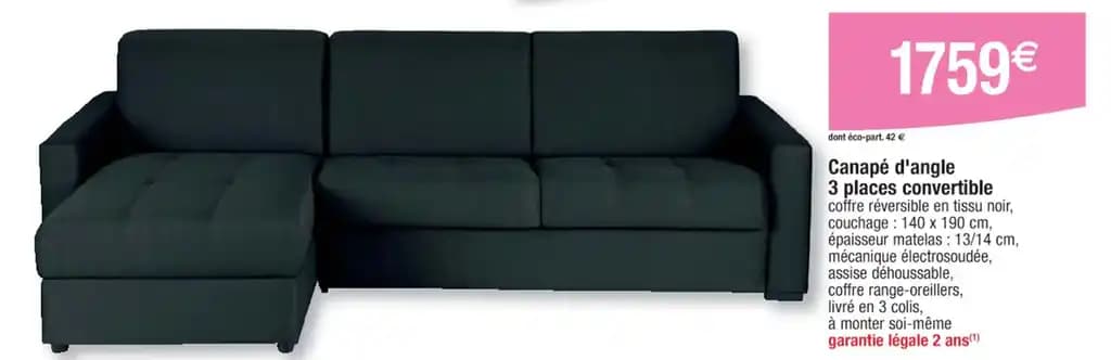 Canapé d'angle 3 places convertible