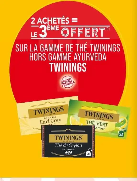 TWININGS 2 ACHETÉS = LE 3ÈME OFFERT SUR LA GAMME DE THÉ TWININGS HORS GAMME AYURVEDA