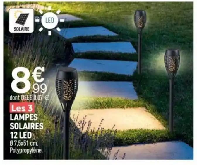 LAMPES SOLAIRES 12 LED 07,5x51 cm. Polypropylène.