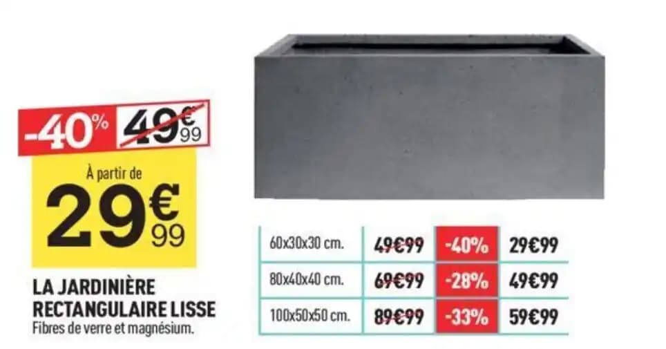 LA JARDINIÈRE RECTANGULAIRE LISSE Fibres de verre et magnésium.