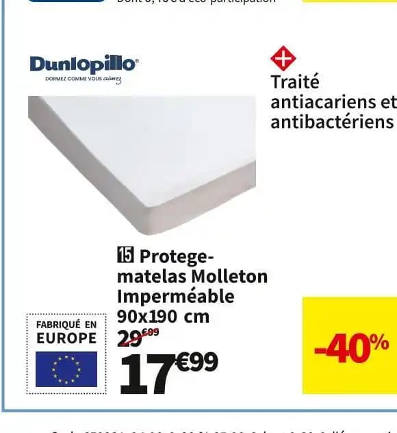 Dunlopillo PROTEGE-MATELAS MOLLETON IMPERMÉABLE 90X190 CM