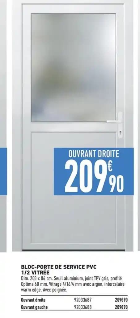 BLOC-PORTE DE SERVICE PVC 1/2 VITRÉE