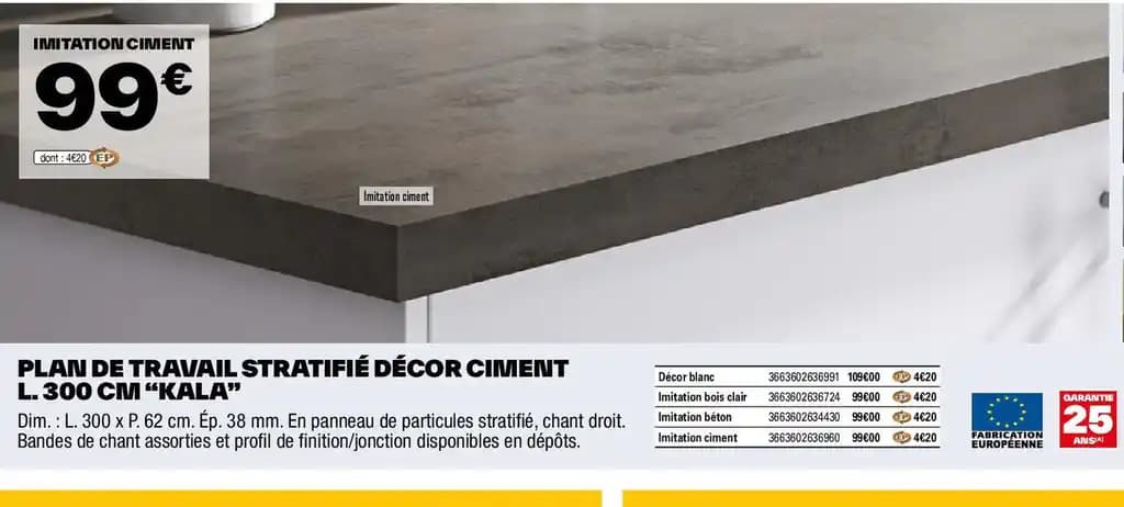 PLAN DE TRAVAIL STRATIFIÉ DÉCOR CIMENT L. 300 CM "KALA"