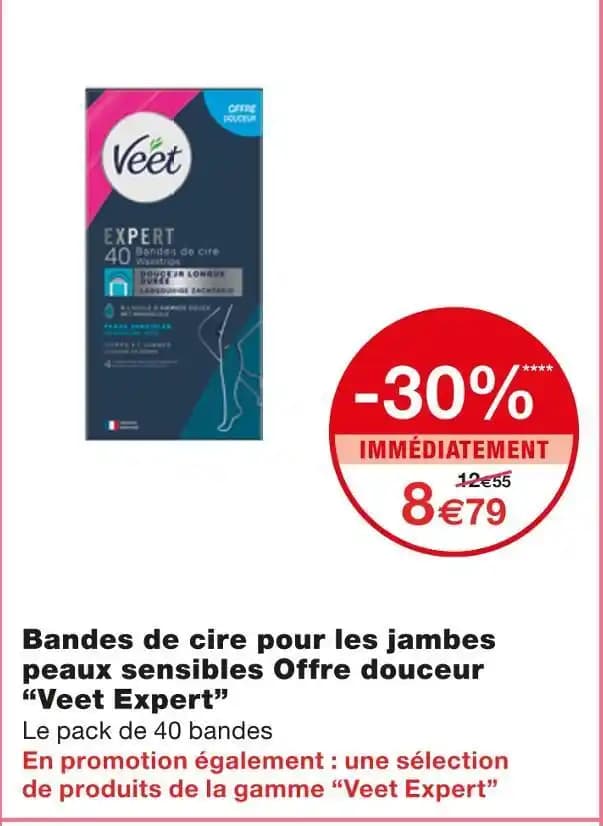 Veet Expert Bandes de cire pour les jambes peaux sensibles Offre douceur