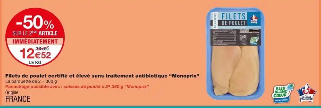 Monoprix Filets de poulet certifié et élevé sans traitement antibiotique
