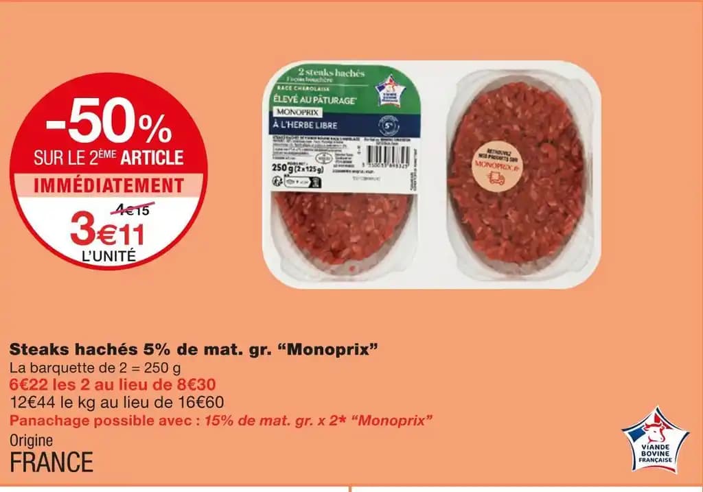 Monoprix Steaks hachés 5% de mat. gr