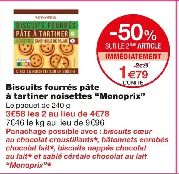 Monoprix Biscuits fourrés pâte à tartiner noisettes