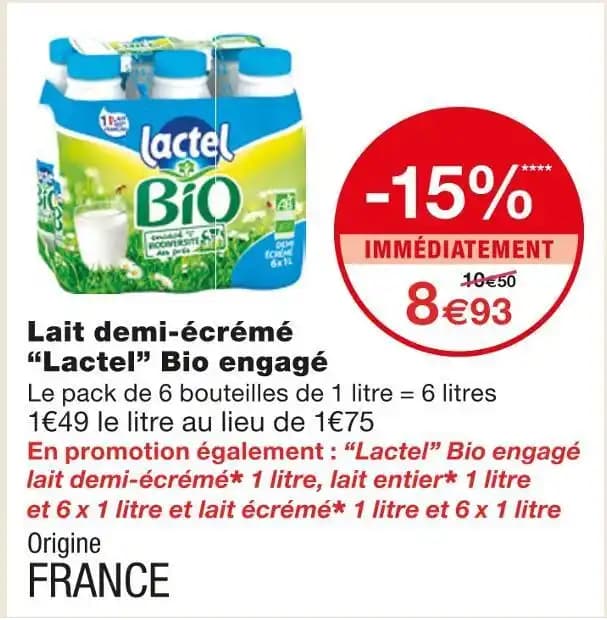 Lactel Lait demi-écrémé Bio engagé