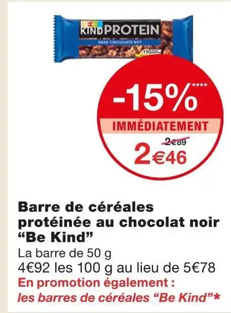 Be Kind Barre de céréales protéinée au chocolat noir