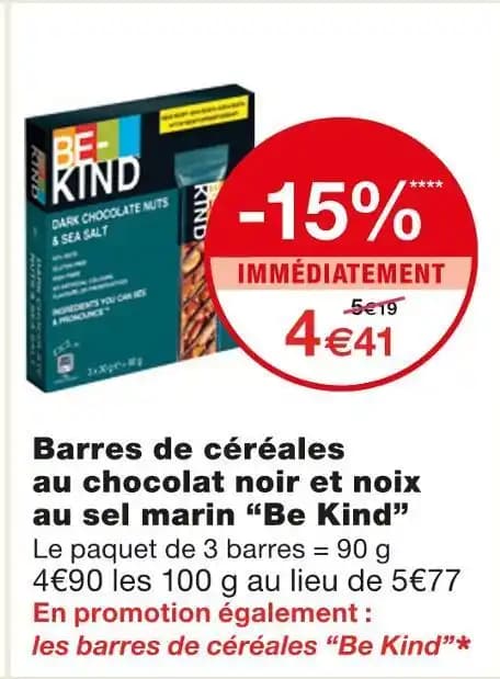 Be Kind Barres de céréales au chocolat noir et noix au sel marin