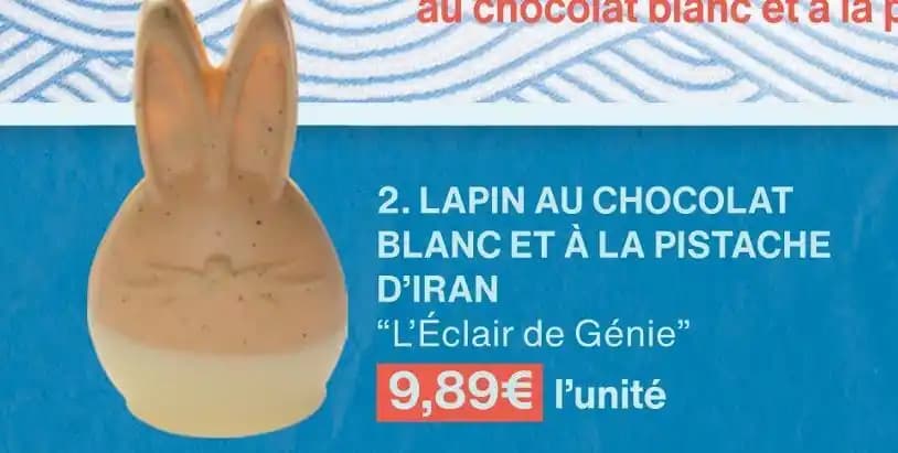 L’Éclair de Génie LAPIN AU CHOCOLAT BLANC ET À LA PISTACHE D’IRAN