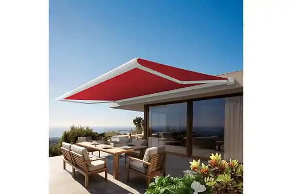 Store banne Coffre intégral PROTECT 2 SMART Blanc 5x3,5m Motorisé à télécommande + Capteur Vent - Toile Rouge