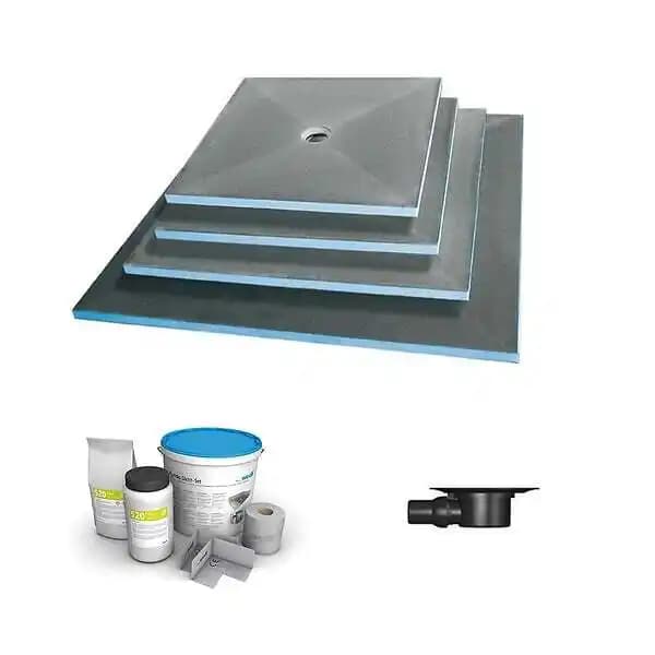 Receveur de douche à carreler 120 x 120 WEDI Fundo Primo carré écoulement centrée + bonde horizontale + kit d'étanchéité