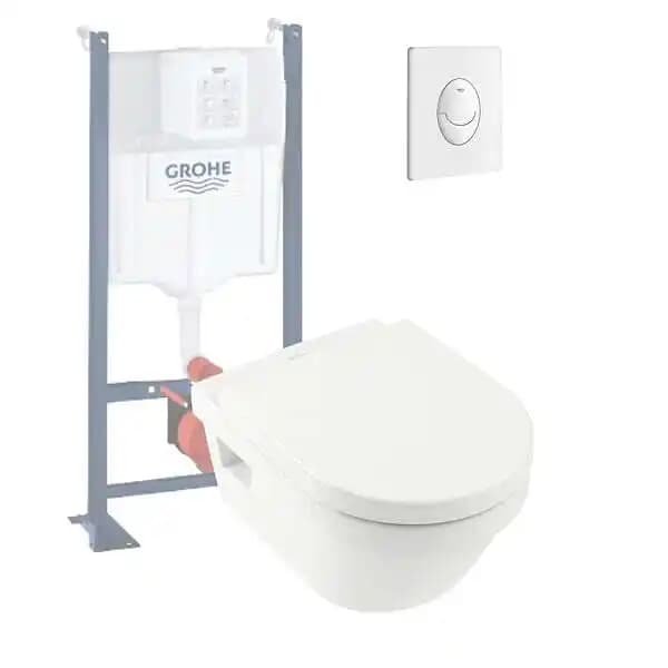 WC suspendu sans bride VILLEROY ET BOCH Architectura + abattant + bati support GROHE + plaque de commande blanche