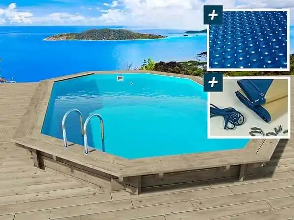 Piscine bois Miami 130 - 4.86 x 3.36 x 1.30 m + Bâche à bulles 180 µ + Bâche hiver 280 gr/m²