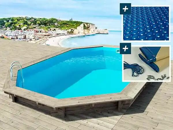 Piscine bois Brazilia 130 5.86 x 3.86 x 1.30 m - Bâche à bulles 180 µ - Bâche hiver 280 g/m²
