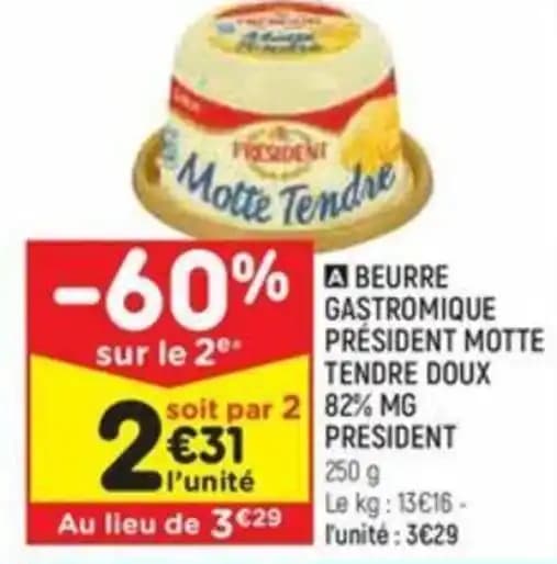 BEURRE GASTROMIQUE PRÉSIDENT MOTTE TENDRE DOUX 82% mg PRESIDENT