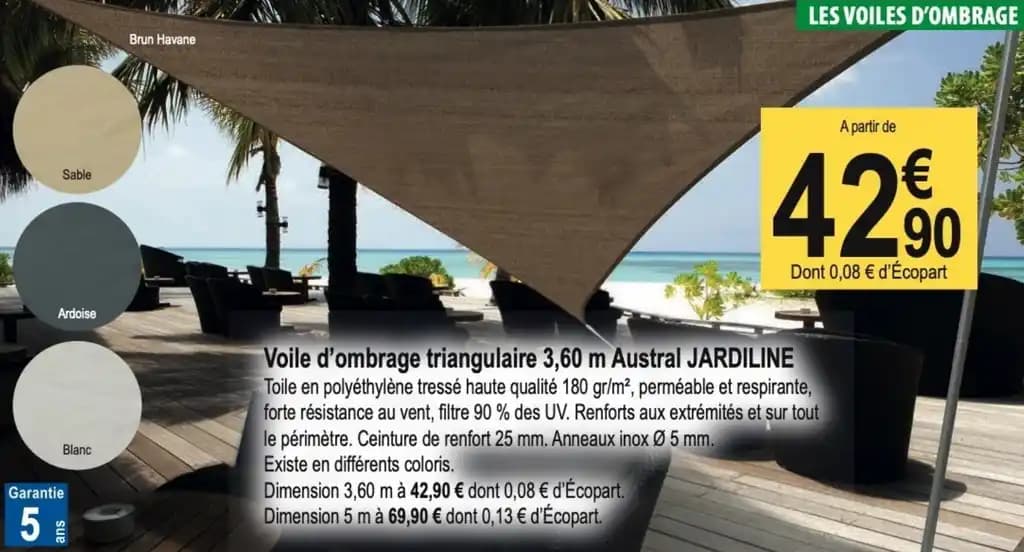 Voile d'ombrage triangulaire 3,60 m Austral JARDILINE