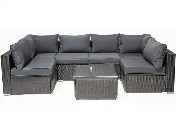 Salon de jardin panoramique en résine tressée Julio - 7 places - Noir