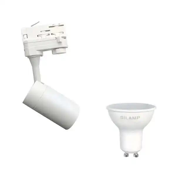 Kit Spot LED sur rail 80° Triphasé Blanc + Ampoule LED GU10 5W - Blanc Neutre 4000K - 5500K - SILAMP