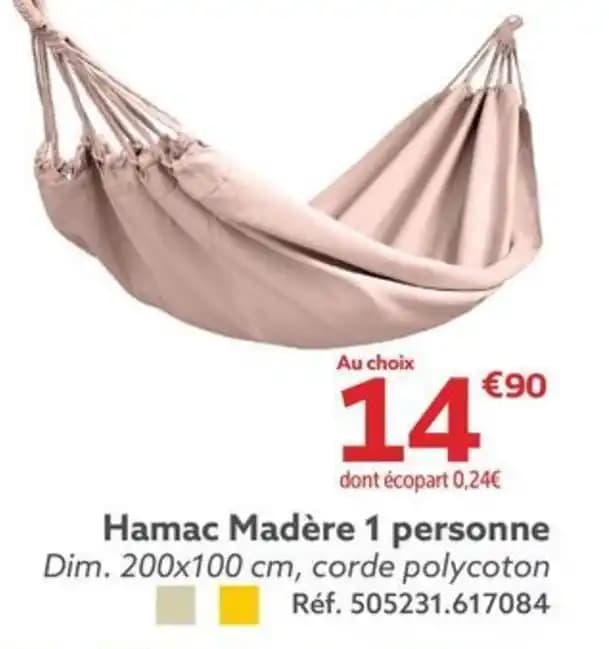 Hamac Madère 1 personne Dim. 200x100 cm, corde polycoton Réf. 505231.617084
