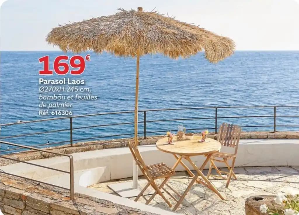 Parasol Laos 0270xH.245 cm, bambou et feuilles