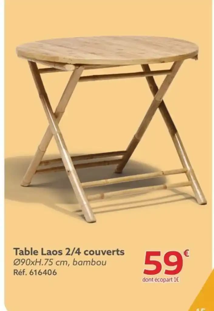 Table Laos 2/4 couverts Ø90xH.75 cm, bambou