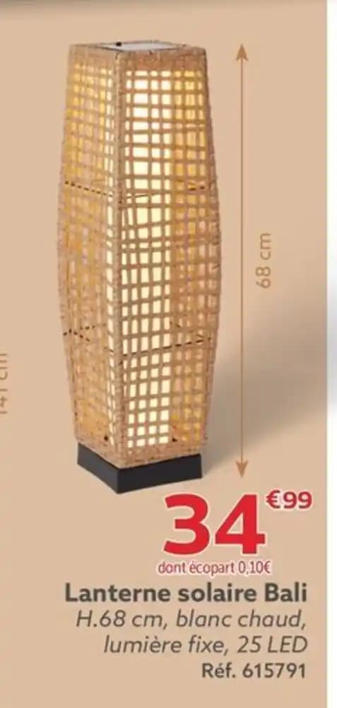 Lanterne solaire Bali H.68 cm, blanc chaud, lumière fixe, 25 LED Réf. 615791
