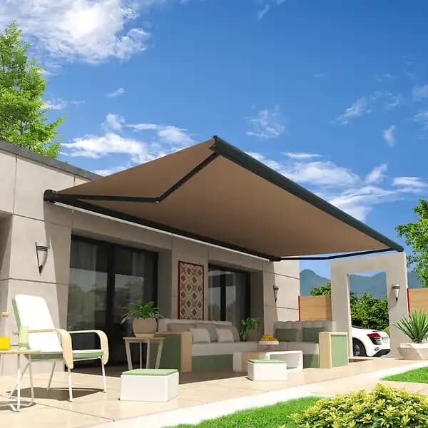 Store banne coffre HEVOA 4,05x3,50 M (Motorisé Secours à Télécommande - Gris Anthracite - Taupe)