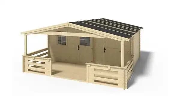 Abri de jardin en bois - 5x3 m - 35 m2 + terrasse avec balustrade et avant-toit en bois