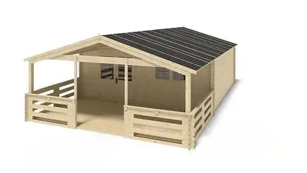 Abri de jardin en bois - 6x6 m - 54 m2 + terrasse avec balustrade et avant-toit en bois