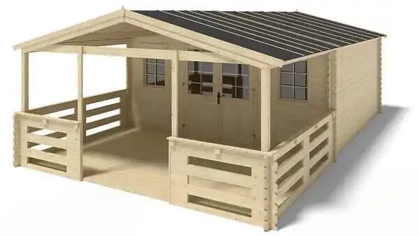 Abri de jardin en bois - 5x5 m - 40 m2 + terrasse avec balustrade et avant-toit en bois