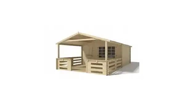 Abri de jardin en bois - 4x4 m - 28 m2 + terrasse avec balustrade et avant-toit en bois