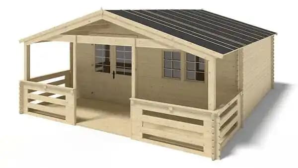 Abri de jardin en bois - 6x5 m - 42 m2 + terrasse avec balustrade et avant-toit en bois