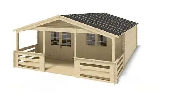 Abri de jardin en bois - 6x6 m - 48 m2 + terrasse avec balustrade et avant-toit en bois