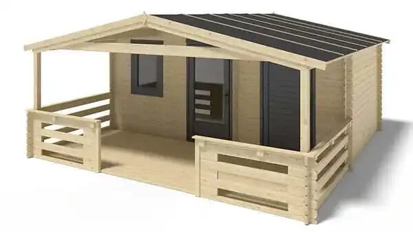 Abri de jardin en bois - 5x3 m - 25 m2 + terrasse avec balustrade et avant-toit en bois