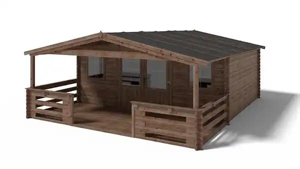 Abri de jardin en bois - 5x4 m - 30 m2 + terrasse avec balustrade et avant-toit en bois - Traité