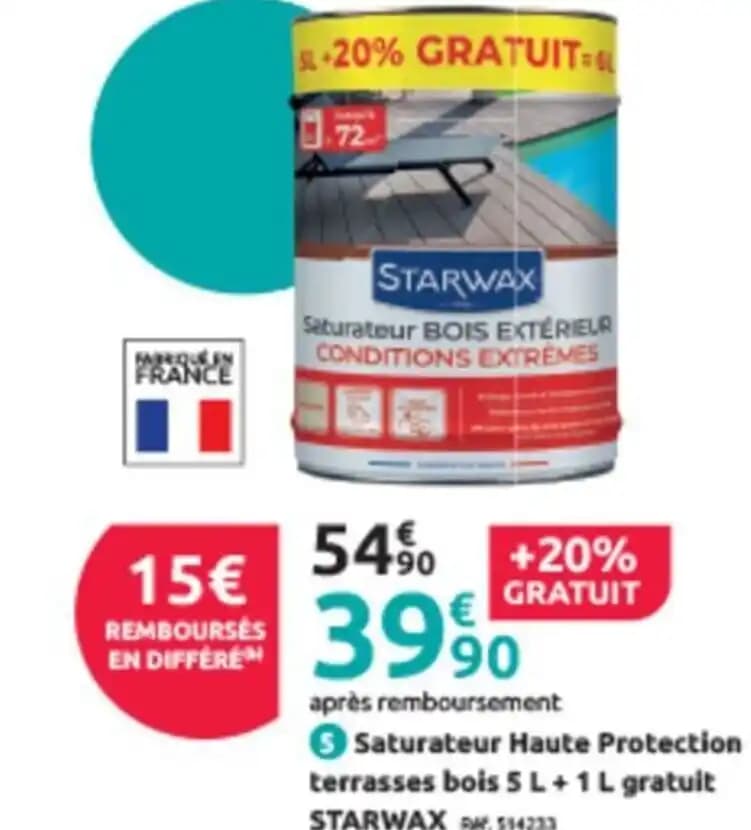 Saturateur Haute Protection terrasses bois 5 L+1L gratuit STARWAX RM514233