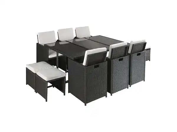 Fira - salon de jardin encastrable 10 places - en résine tressée - noir avec coussins beiges + housse de protection - beige /