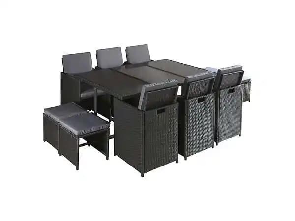 Fira - salon de jardin encastrable 10 places - en résine tressée - noir avec coussins gris + housse de protection - noir / gr