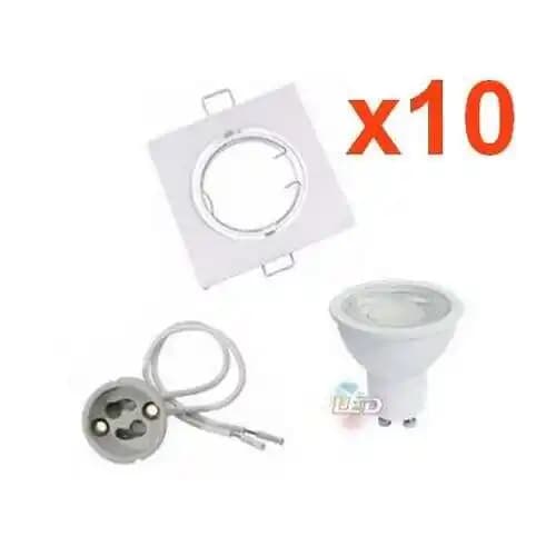 Kit Spot LED GU10 Orientable Carré Blanc avec Ampoule LED 8W (Pack de 10) - Blanc Chaud 2300K - 3500K - SILAMP