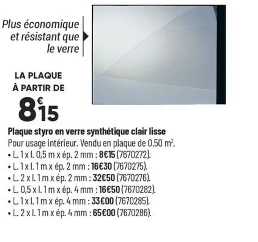 Plaque styro en verre synthétique clair lisse